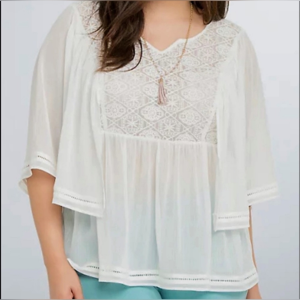 Torrid White Ivory Chiffon Lace Yoke Top Sz 2X Flowy Boho Blouse, Embroidered